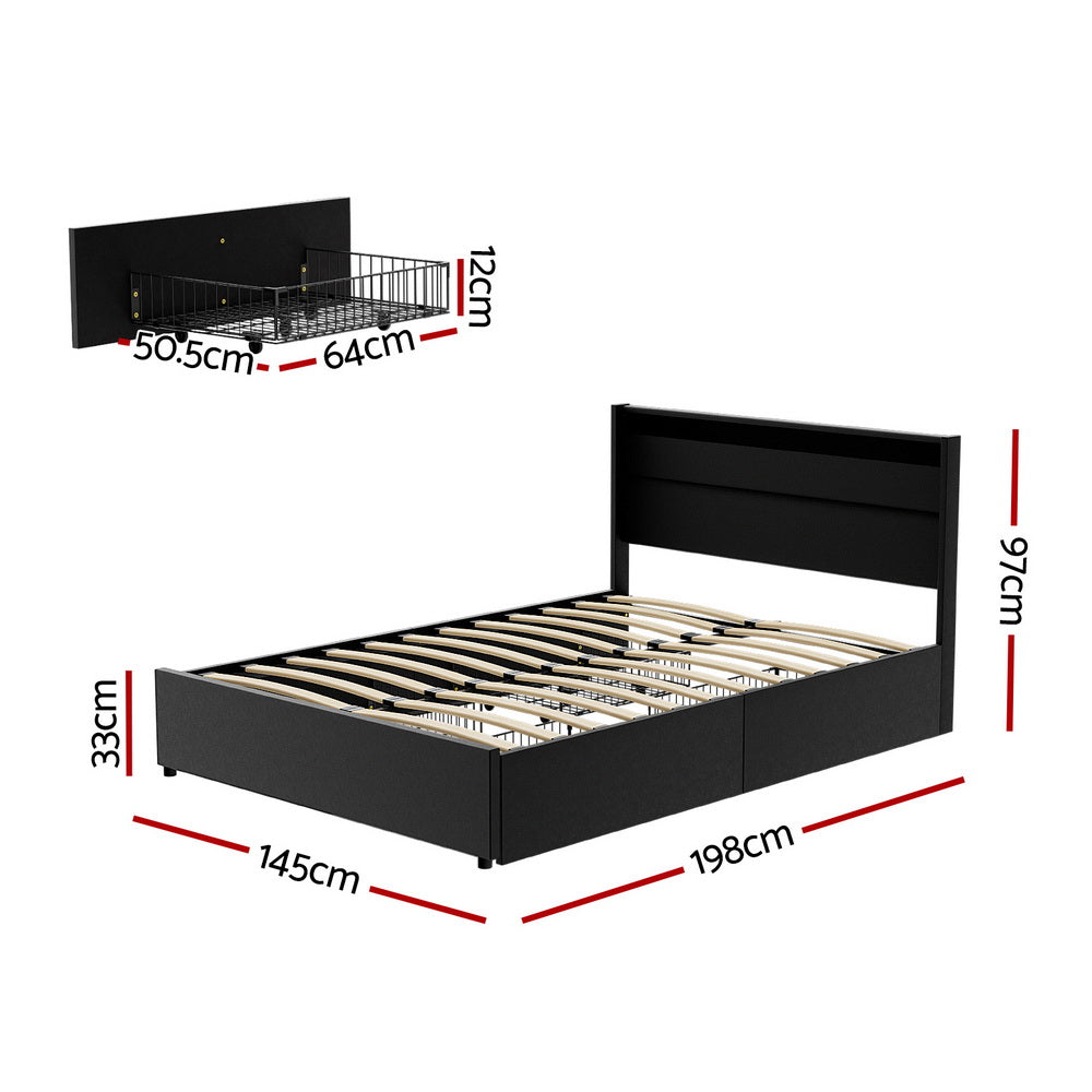 Artiss Dunn LED Gas Lift Bed Frame Double Black PU Leather