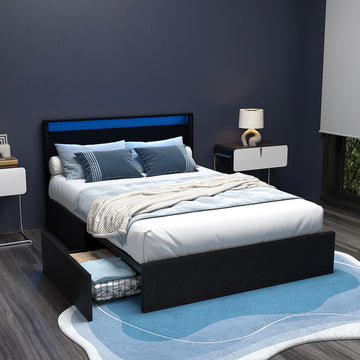 Artiss Dunn LED Gas Lift Bed Frame Double Black PU Leather