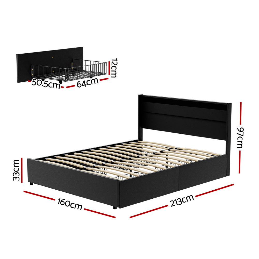 Artiss Dunn LED Gas Lift Bed Frame Queen Black PU Leather