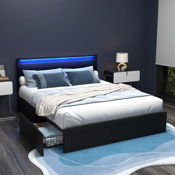 Artiss Dunn LED Gas Lift Bed Frame Queen Black PU Leather