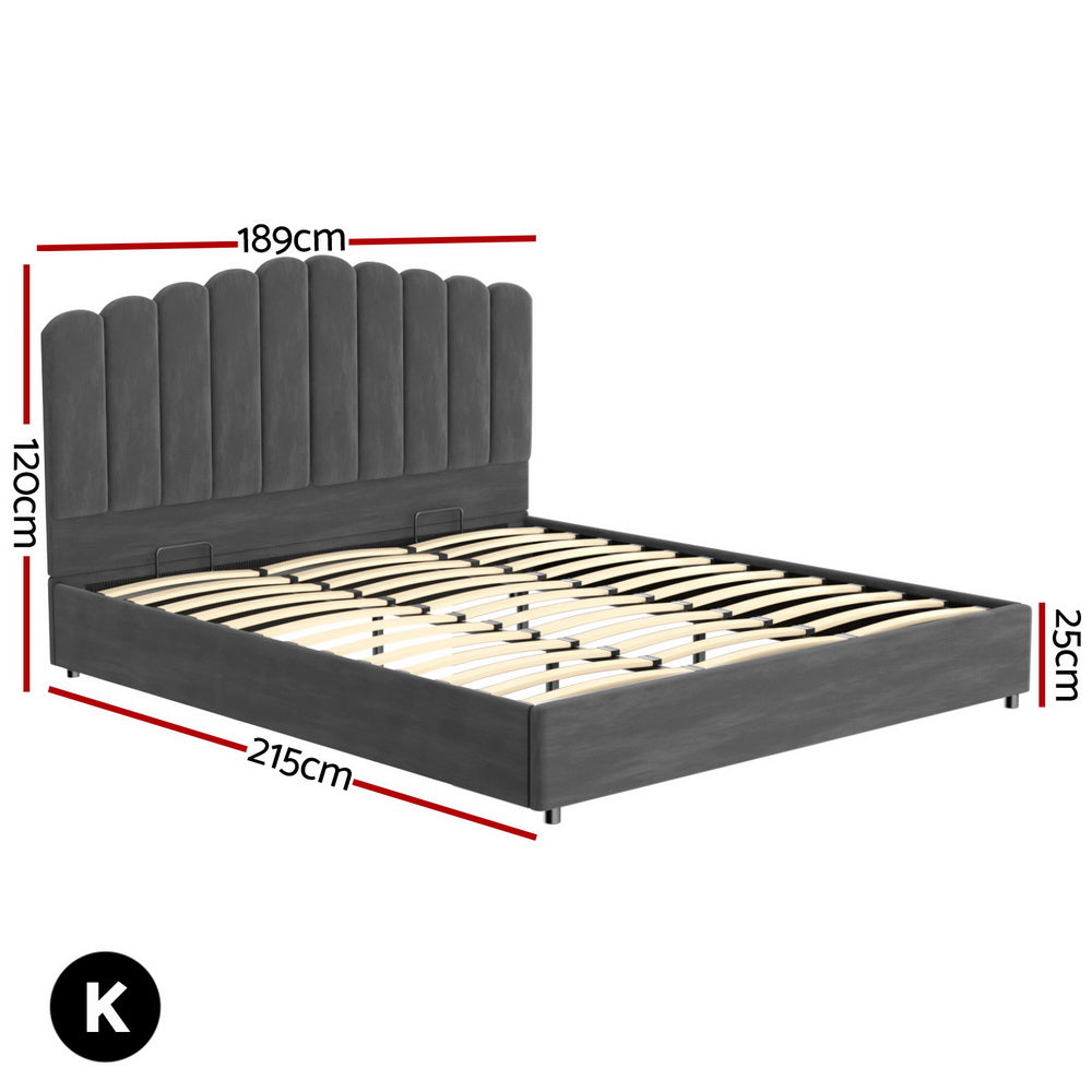 Artiss Velvet Bed Frame King Size with Gas Lift Grey
