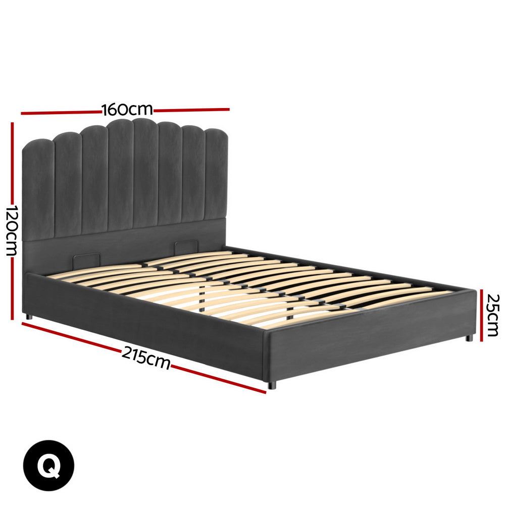 Artiss Velvet Bed Frame Queen Size with Gas Lift Grey