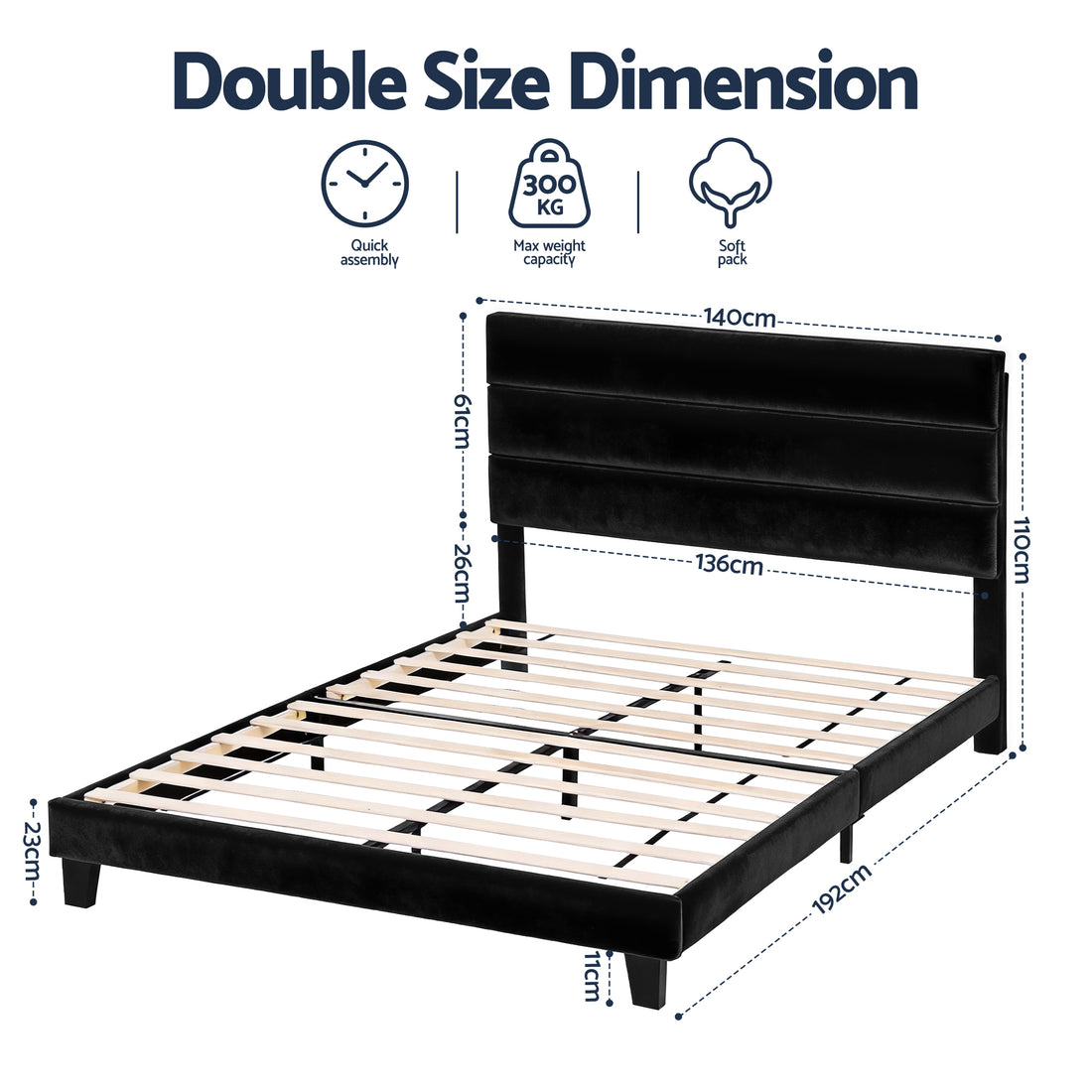 Artiss Double Upholstered Bed Frame Black Velvet Platform