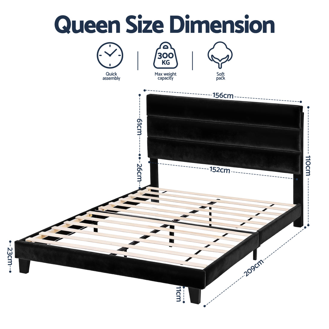 Artiss Queen Upholstered Bed Frame with Headboard Black Velvet