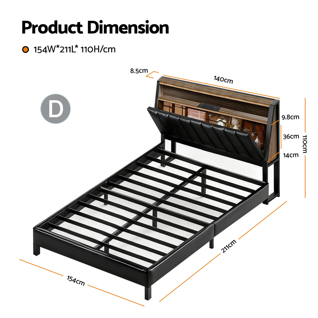 Artiss Double Bed Frame LED Storage Headboard Black