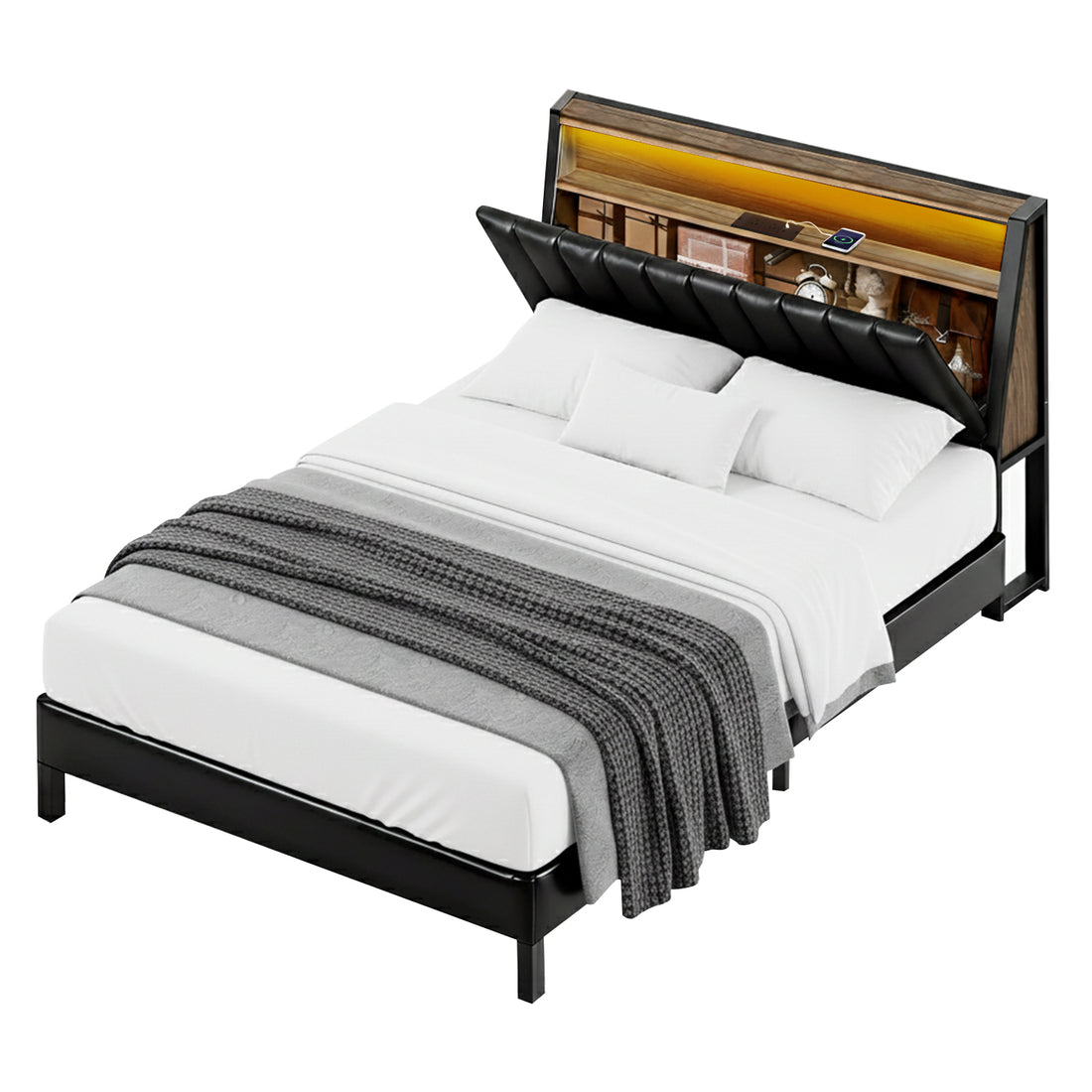 Artiss Queen Bed Frame LED Storage Headboard Black