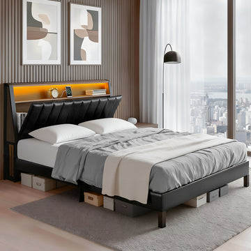 Artiss Queen Bed Frame LED Storage Headboard Black