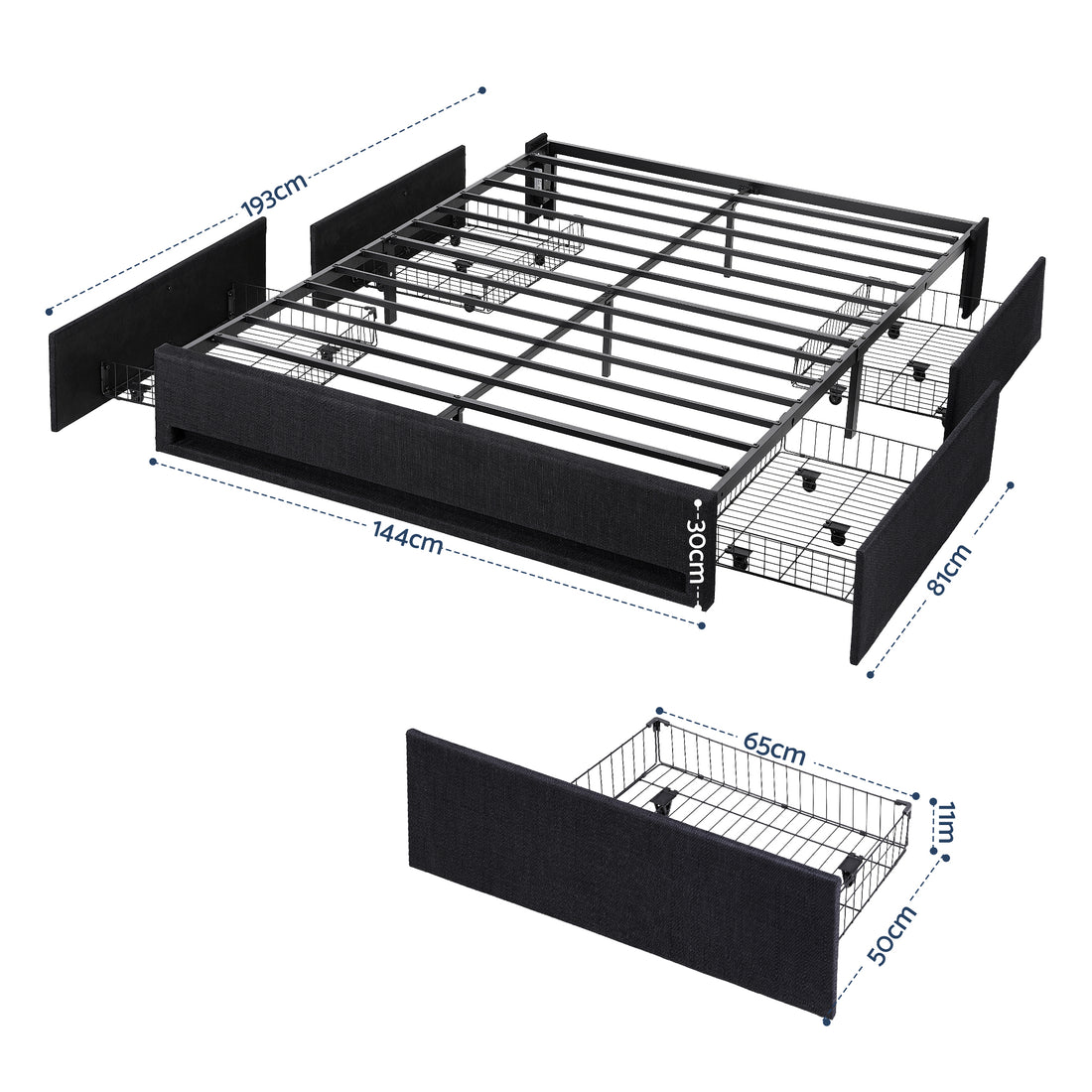Artiss Double Upholstered Bed Frame Storage Drawers RGB Charging Linen