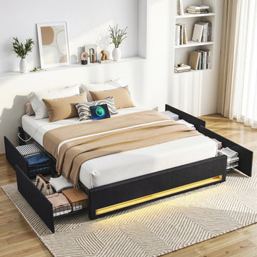 Artiss Queen LED Bed Frame with RGB Lighting and Charging Station Linen