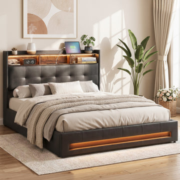 Artiss Gas Lift Double Bed Frame with LED Lights and Charging Station