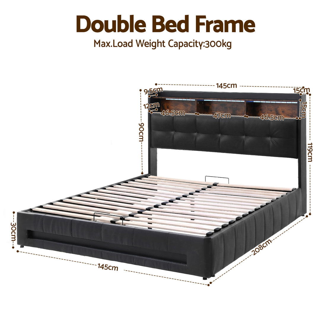Artiss Gas Lift Double Bed Frame with LED Lights and Charging Station