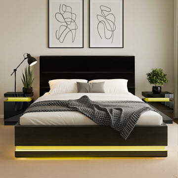 Artiss LED Queen Bed Frame with 2 Bedside Tables RGB Black