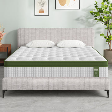Artiss Ammy Hybrid King Bed Frame Beige Faux Linen Pocket Coil Mattress