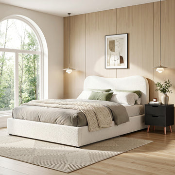 Artiss Double Bed Frame with Boucle Beige and Black Nightstand Set