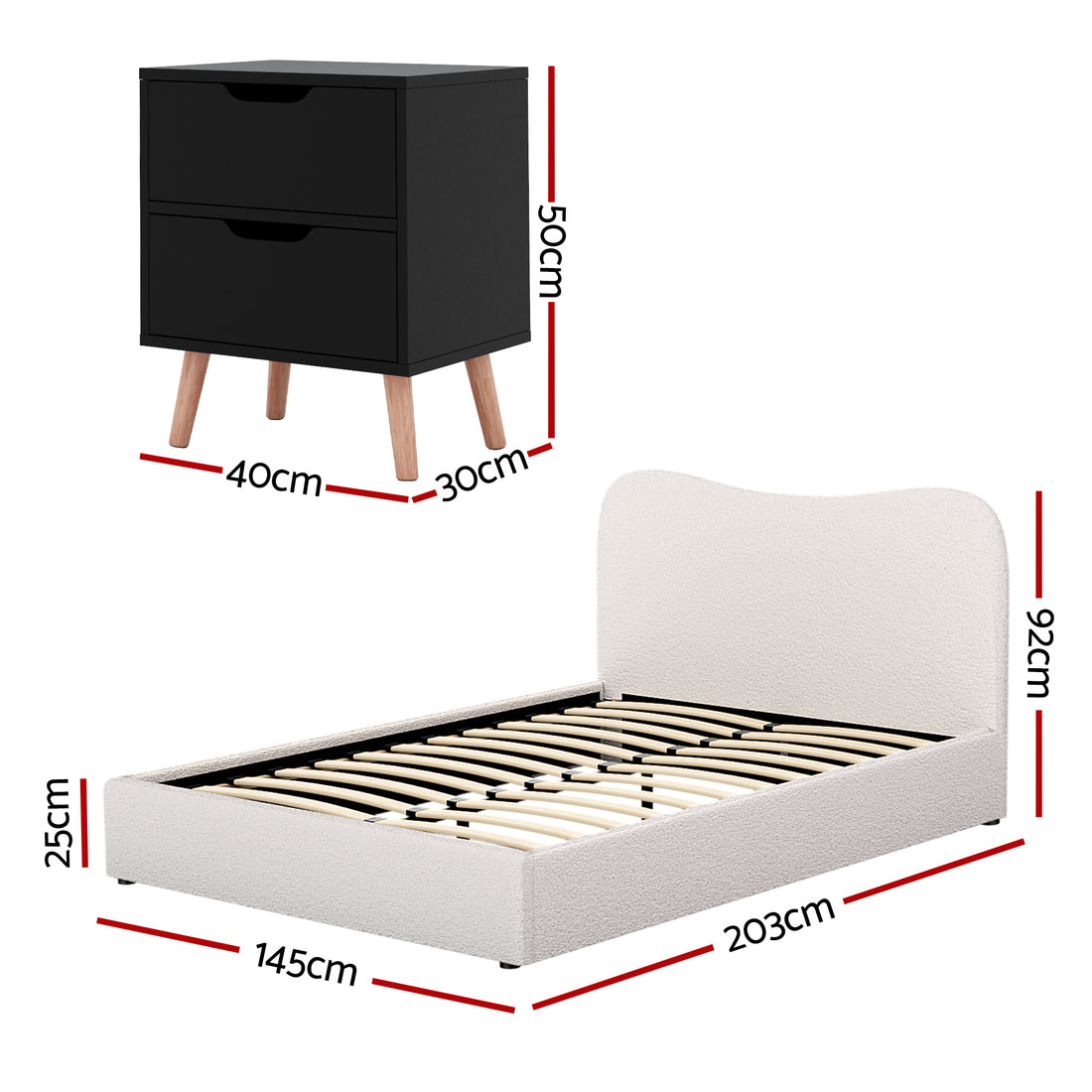Artiss Double Bed Frame with Boucle Beige and Black Nightstand Set