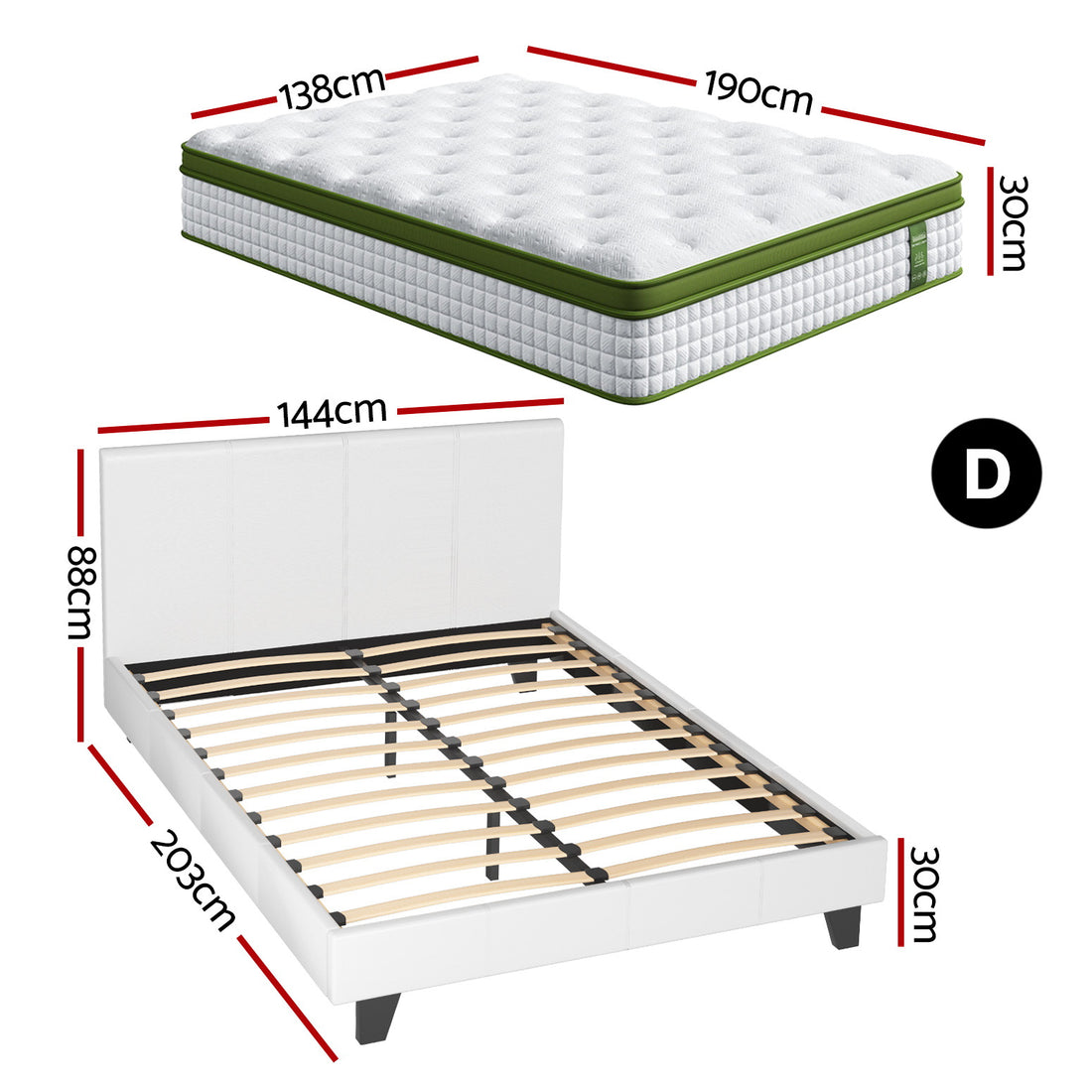 Artiss Neo Hybrid Bed Frame Double White PVC Leather with Pocket Coil Mattress