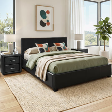 Artiss Gas Lift Queen Bed Frame and Bedside Table Black PU Leather