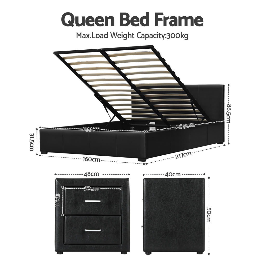 Artiss Gas Lift Queen Bed Frame and Bedside Table Black PU Leather