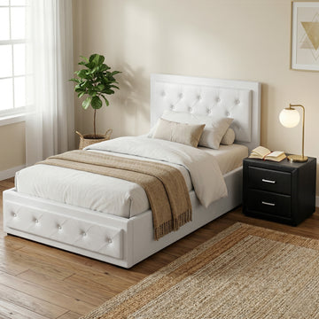 Artiss Gas Lift King Single Bed Frame White PVC Leather with Black Bedside Table