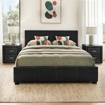 Artiss Gas Lift Queen Bed Frame Black PU Leather with 2 Bedside Tables