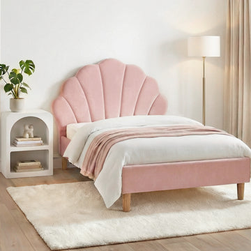 Artiss Rosy Velvet Bed Frame King Single with Scallop Headboard Pink
