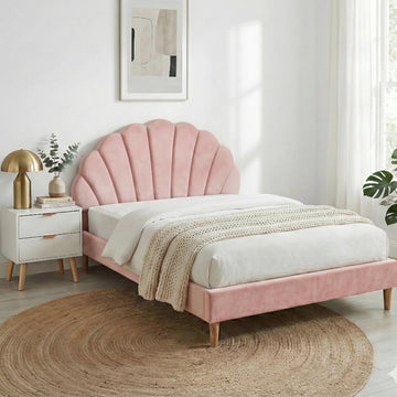 Artiss Double Scallop Bed Frame Pink Velvet with Bedside Table