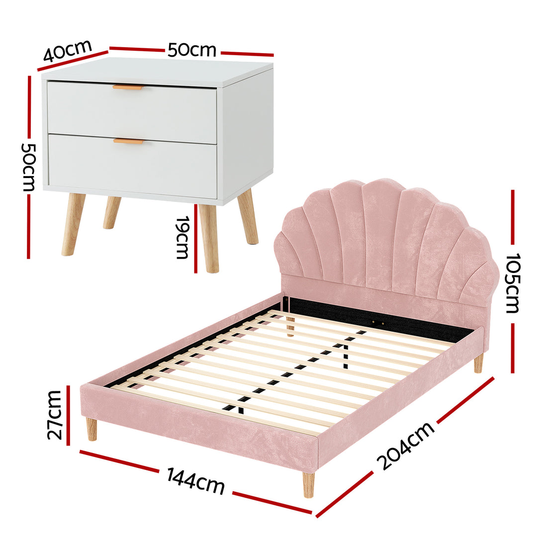 Artiss Double Scallop Bed Frame Pink Velvet with Bedside Table