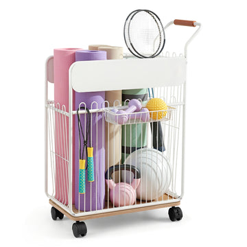 Everfit Yoga Mat Storage Rack with Wheels Hooks Basket White