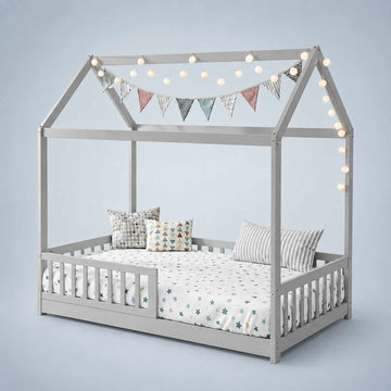 Artiss Rock Kids House Bed Frame Single Grey Pinewood