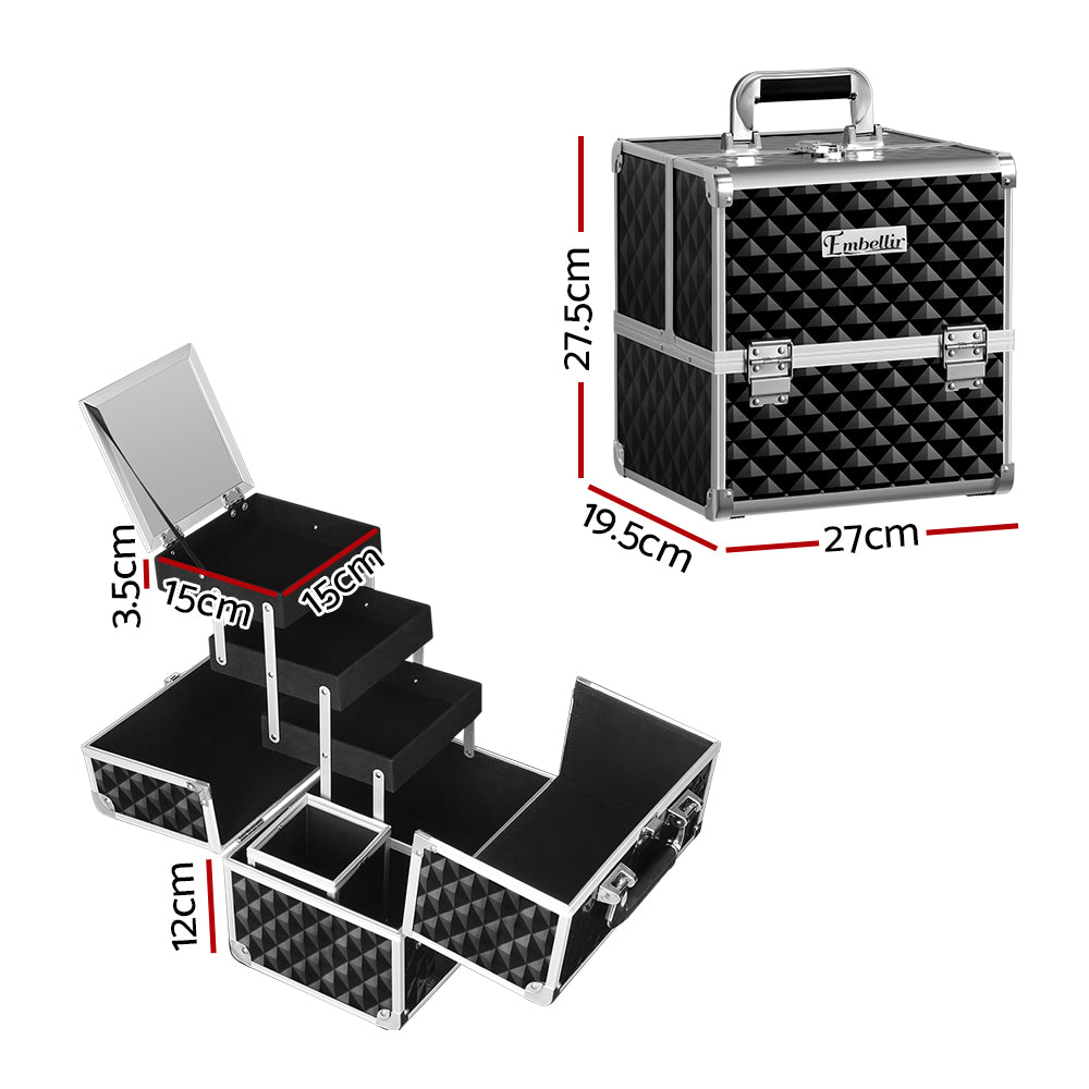Embellir Lockable Portable Makeup Case with Mirror and Brush Holder Diamond Black