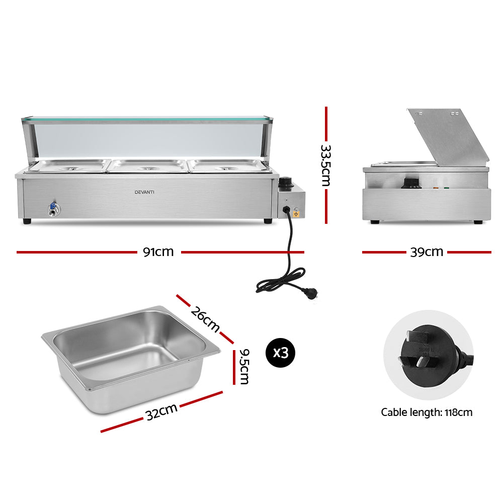 Devanti Bain Marie Food Warmer 3 Pan Commercial Stainless Steel