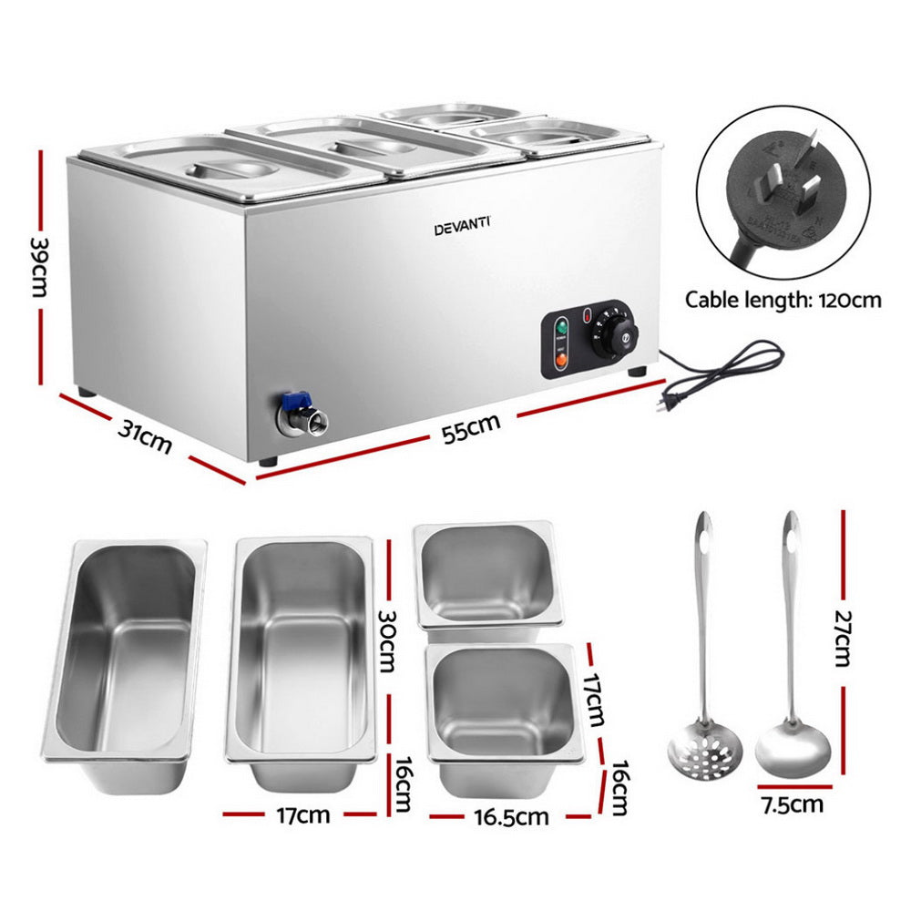 Devanti Commercial Food Warmer Bain Marie 4 Pan 1200W Stainless Steel