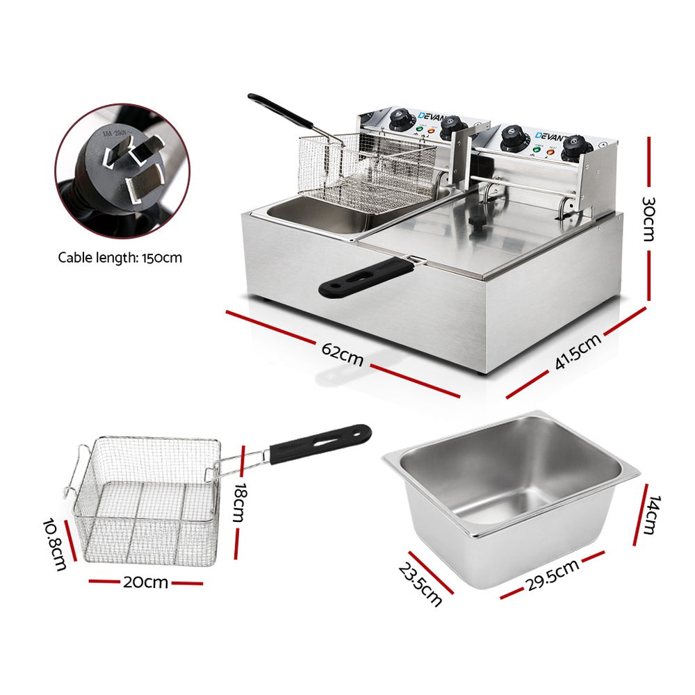 Devanti Commercial Deep Fryer 20L Double Basket 4400W Stainless Steel