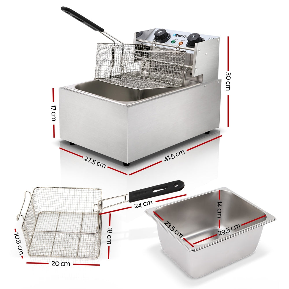 Devanti Commercial Deep Fryer 10L Single Basket 2200W Stainless Steel
