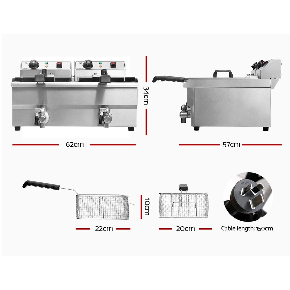 Devanti Commercial Deep Fryer 20L Twin Tank Countertop Stainless Steel