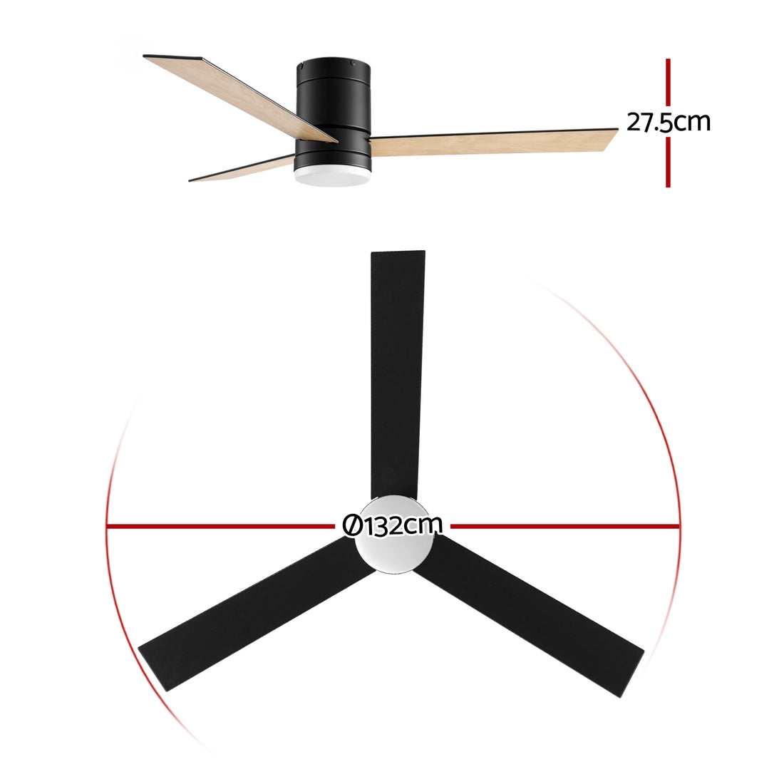 Devanti DC Motor Ceiling Fan 52 Inch Double-Sided Black Light Wood Remote