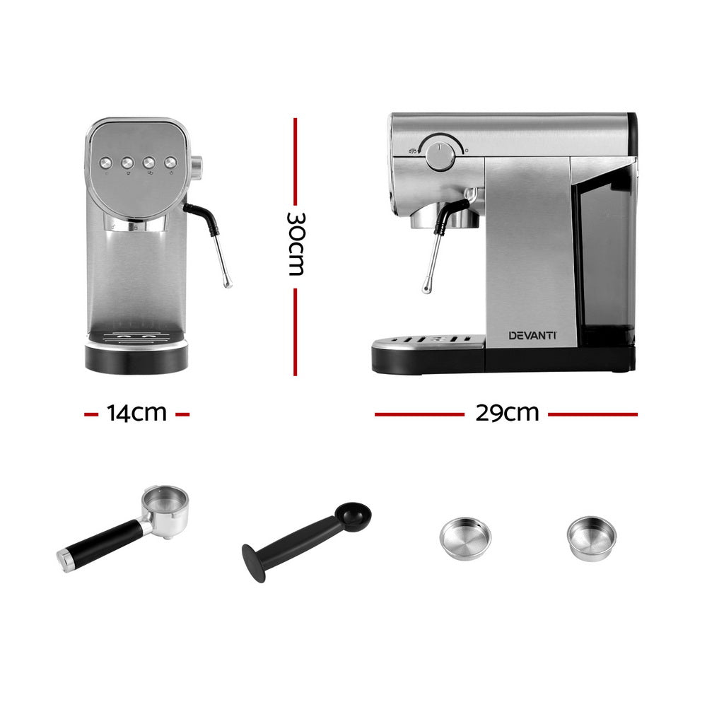 Devanti Espresso Coffee Machine 20 Bar Instant Heat Silver