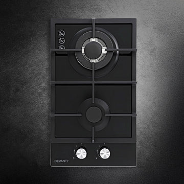 Devanti Built-in Gas Cooktop 30cm 2 Burner Wok Burner Black Glass