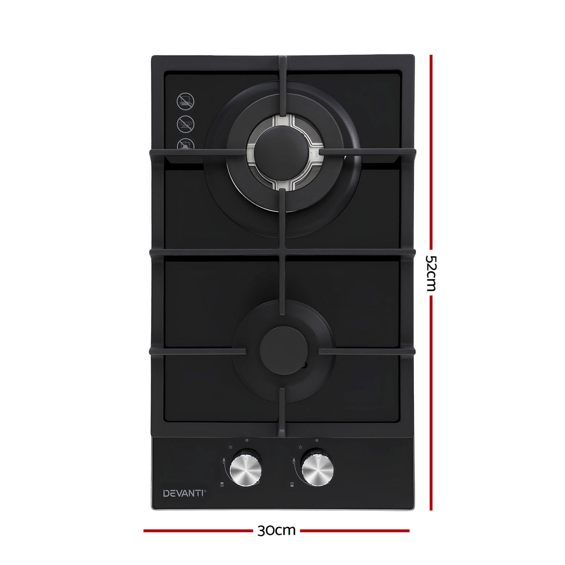 Devanti Built-in Gas Cooktop 30cm 2 Burner Wok Burner Black Glass
