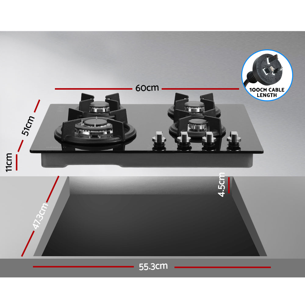 Devanti Built-in Gas Cooktop 60cm 4 Burner Wok Burner Black