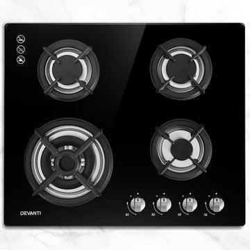 Devanti Built-in Gas Cooktop 60cm 4 Burner Wok Burner Black