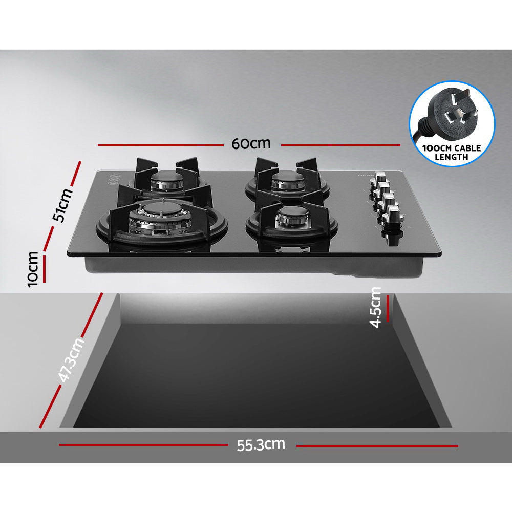 Devanti Gas Cooktop 4-Burner Built-In Wok Burner Black