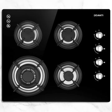 Devanti Gas Cooktop 4-Burner Built-In Wok Burner Black
