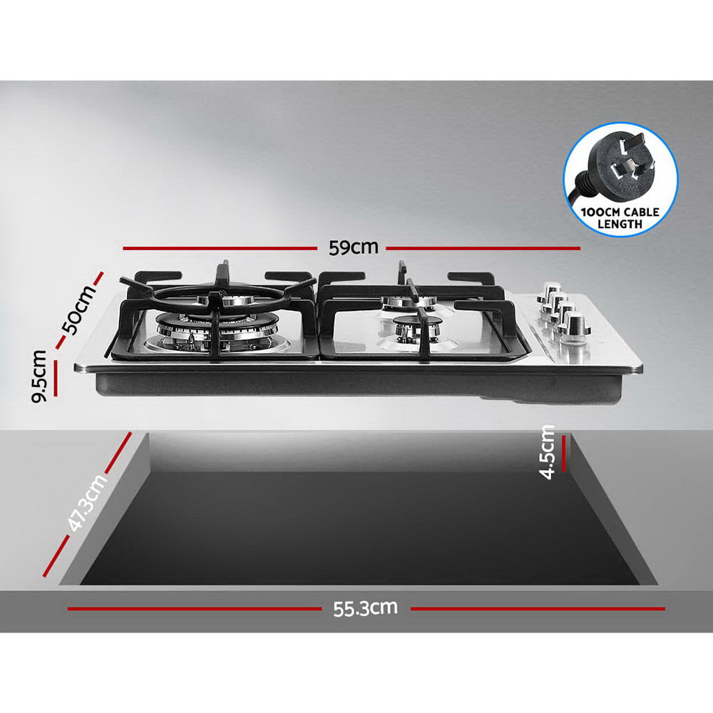 Devanti Built-in Gas Cooktop 60cm 4 Burner Wok Burner Silver