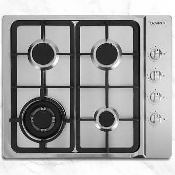 Devanti Built-in Gas Cooktop 60cm 4 Burner Wok Burner Silver
