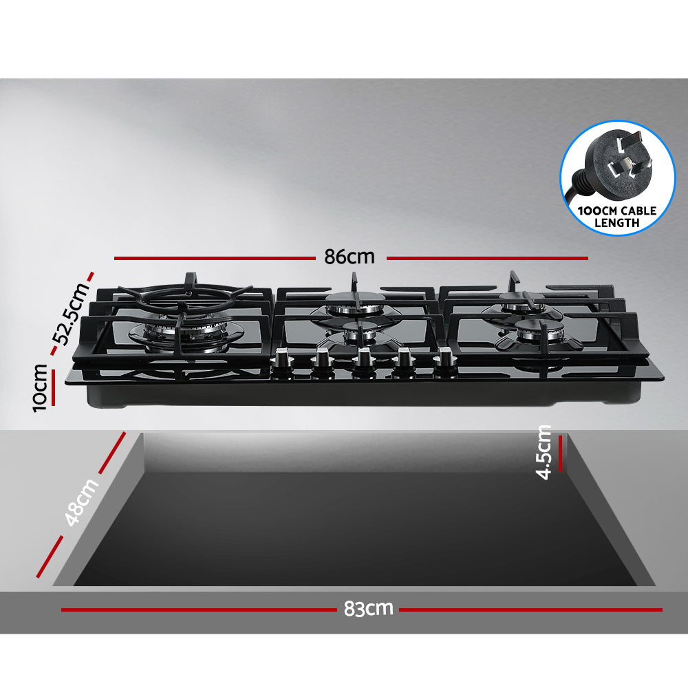 Devanti Gas Cooktop 5-Burner Wok Burner 90cm Black Tempered Glass