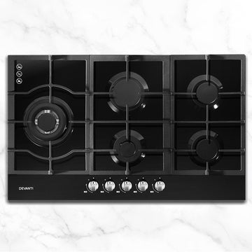 Devanti Gas Cooktop 5-Burner Wok Burner 90cm Black Tempered Glass