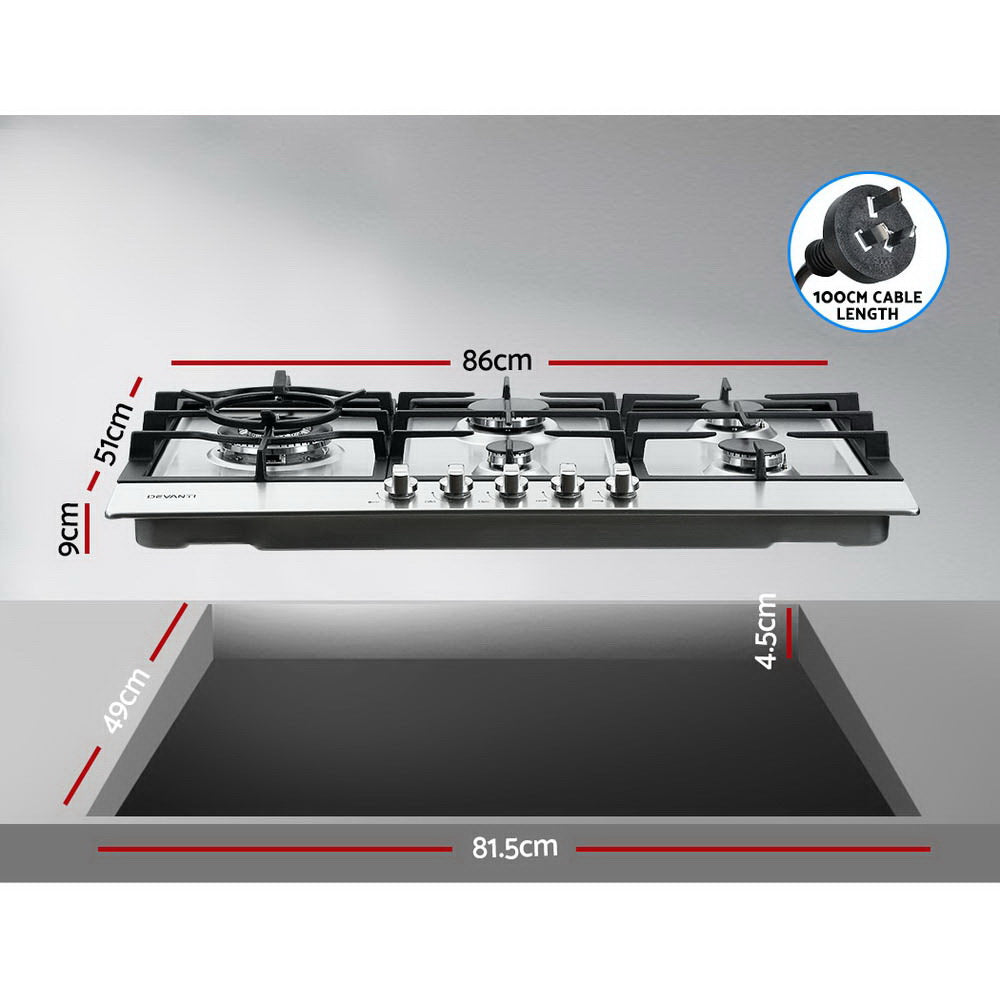 Devanti Gas Cooktop 5-Burner with Wok Burner 90cm Stainless Steel