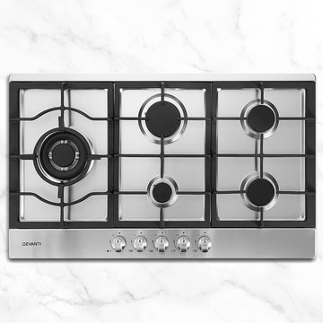 Devanti Gas Cooktop 5-Burner with Wok Burner 90cm Stainless Steel