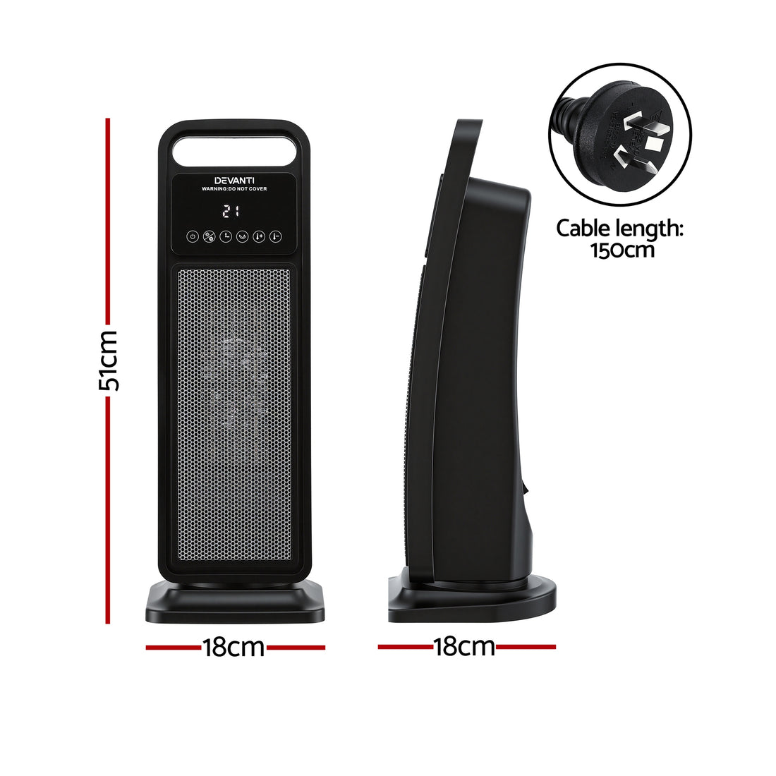 Devanti Ceramic Tower Heater 2000W Oscillating Black